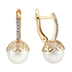 Серьги из красного золота 585° пробы с жемчугом и фианитом